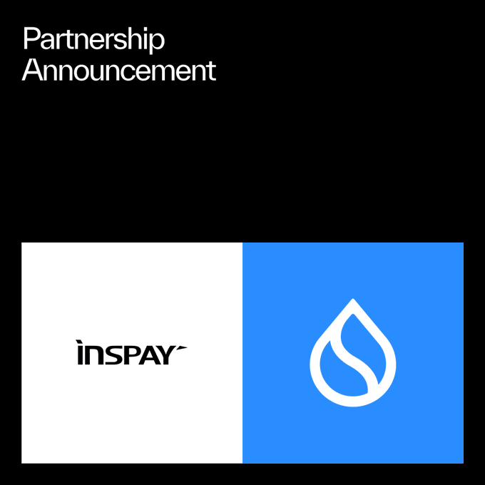 A graphic titled 'Partnership Announcement' showing the 'insPAY' logo on a light gray background and the Sui blockchain logo on a blue background.