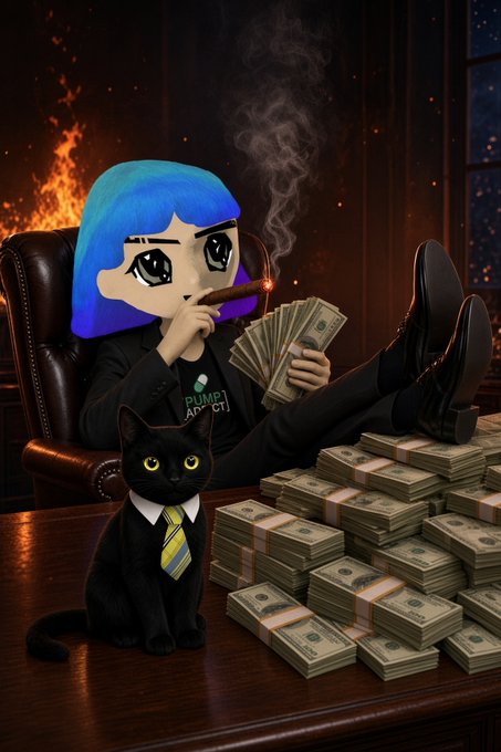 A cartoonish blue-haired character sits in a leather chair smoking a cigar and holding a fan of cash, with a black cat in a striped tie nearby and stacks of money on the desk.