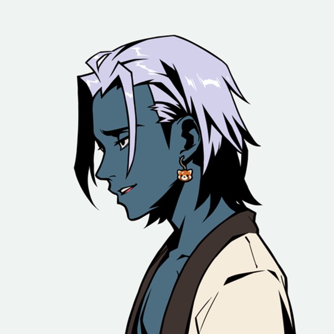 An anime-style illustration shows a profile portrait of a character with pale lavender hair, dark blue-grey skin, and a small orange fox earring.