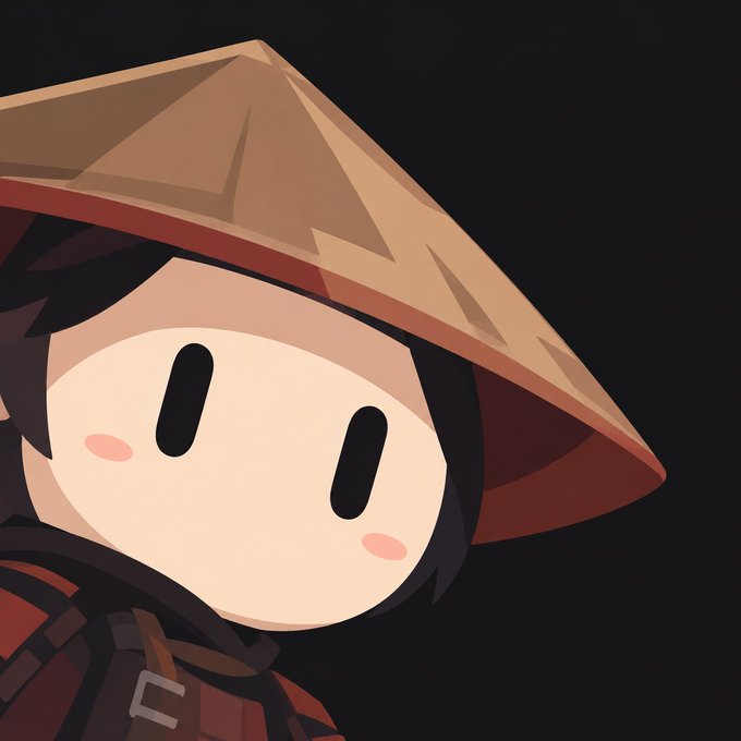 A cartoon character with a white round face, black oval eyes, pink cheeks, wearing a straw hat and red outfit against a dark background.