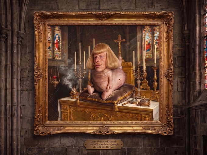 A framed digital artwork depicting a surreal, hairless figure with a human head and a blonde bob, sitting on a golden altar in a gothic cathedral, labeled 'Jean-Philippe Richard Louis Charles Marie Joseph de la Butte-Duques'.