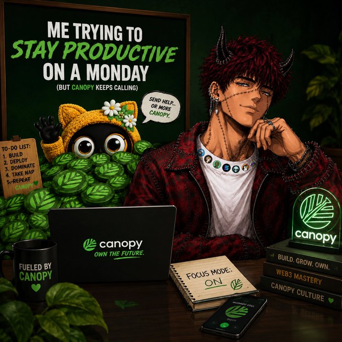 The image features a man sitting at a desk with a laptop computer open in front of him. The background includes various plants and a green sign that reads "Me trying to stay productive on a Monday (but @CNPYNetwork A lot of people think launching a blockchain is the finish line. In reality, it'S only the beginning. The bigger challenge is maintaining control over what you build".