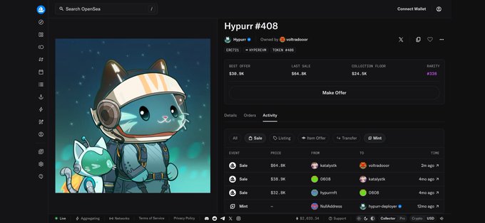 A screenshot of an OpenSea NFT marketplace page for the 'Hypurr #4008' collection, showing a cartoon cat character in an astronaut outfit with trading activity on the right.