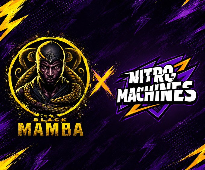 The image is a partnership announcement graphic featuring a "Black Mamba" logo on the left—depicting a fierce hooded figure with a serpent coiled around him—and the "Nitro Machines" logo on the right, separated by a lightning bolt "X" symbol against a purple and yellow lightning-streaked background. It visually represents the creator's new role as Growth Partner with Nitro Machines.