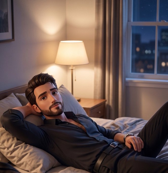 A bearded man reclines on a bed in a dimly lit hotel room, gazing toward the window with a contemplative expression.