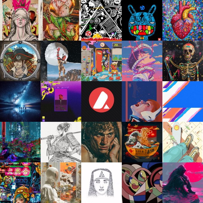 A 5x5 grid collage of various NFT-style digital artworks featuring diverse illustrations including a pirate, anatomical heart, skulls, samurai, and the Avalanche (AVAX) logo in the center.