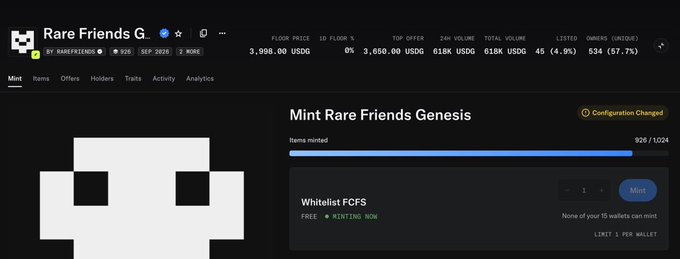 The image displays a NFT minting page for "Rare Friends Genesis" by RAREFRIENDS on a marketplace, showing a floor price of 3,998.00 USDG, 926 of 1024 items minted, and a free minting window for the "Whitelist FCFS" sale. This visual supports the post's claim of a successful launch, illustrating the current $3,998 floor price and nearly complete minting of the 1,024 supply that was originally free for whitelisted holders.