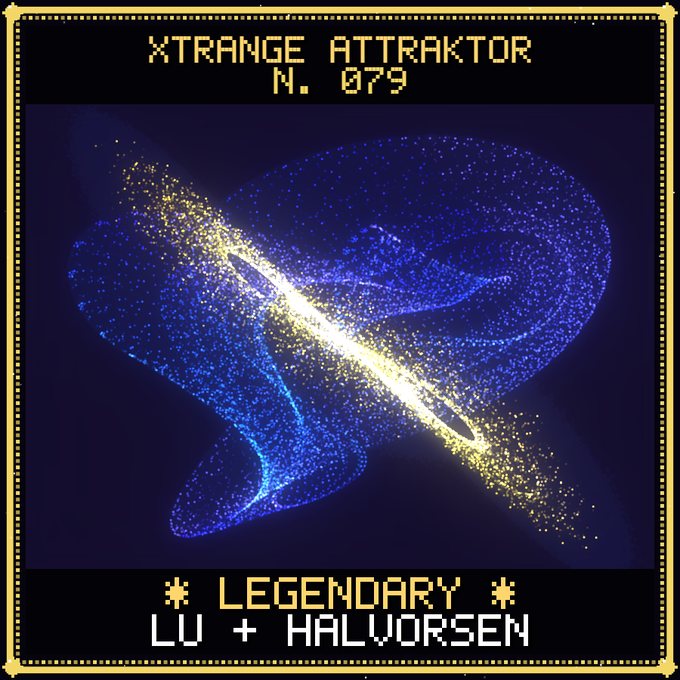 A pixel-art style graphic labeled "XTRANGE ATTRAKTOR N. 079" at the top and "LEGENDARY LU + HALVORSEN" at the bottom, depicting a swirling blue and gold particle formation resembling a strange attractor on a dark background.