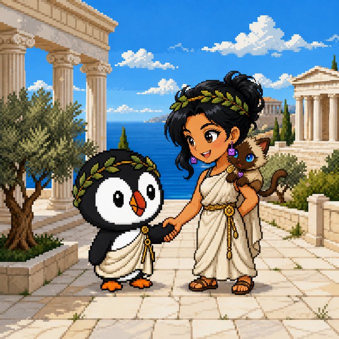 A cheerful pixel-art illustration shows a young Greek woman with a laurel wreath holding a Siamese cat, shaking hands with a similarly wreathed penguin, both dressed in togas on a seaside terrace with ancient columns. The image promotes a giveaway of 2 GTD and 5 FCFS whitelist spots for the @ppuffins mint, featuring the project mascot penguin alongside a friendly companion to attract cute NFT entries.