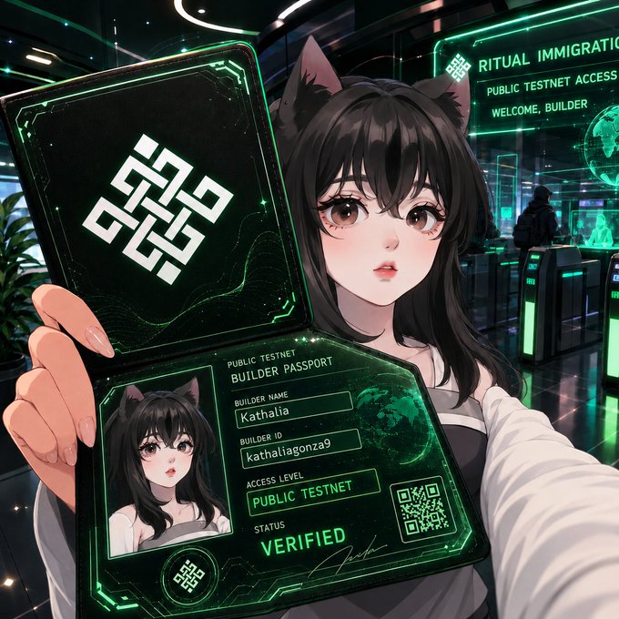 An anime-style girl with cat ears holding up a glowing green 'Builder Passport' showing the name Kathalia, Builder ID kathaliagonza9, access level PUBLIC TESTNET, and status VERIFIED, in a futuristic immigration setting.
