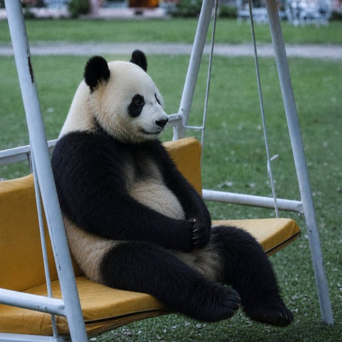 A panda sits relaxed on a yellow swing bench, gazing off to the side with an air of patient detachment. The image perfectly captures the "waiting for my friends to catch up" vibe of the post—as the panda lounges unbothered, it embodies the Solana holder patiently waiting while friends chase alt platforms like Hyperliquid and Robinhood.