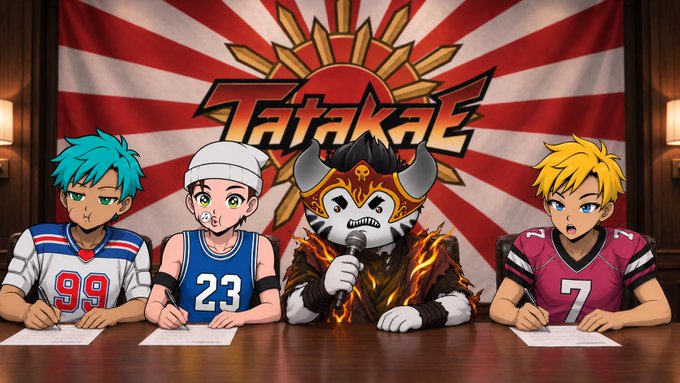 An anime-style illustration depicts four characters sitting at a desk signing papers in front of a Japanese rising sun flag with the stylized text 'Tatake'.