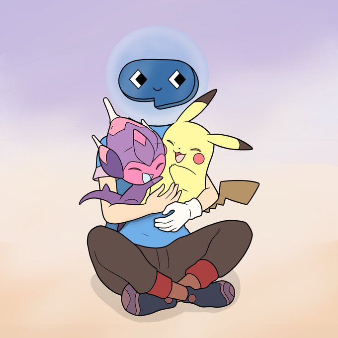 A cartoon illustration of a blue character hugging two Pokémon, Pikachu and a purple Pokémon, against a pastel gradient background.