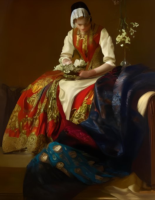 A classical-style painting of a young woman in traditional folk dress sitting and working with flowers, draped in richly patterned red and blue fabrics with white lilies nearby.