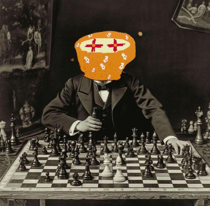 A formally dressed man sits at a chessboard mid-game, his face obscured by a digitally added patterned orange hat with red and white motifs. The image visually echoes the post's theme of strength and strategy, suggesting that like in chess, only the weak fall to nature's "punishment."