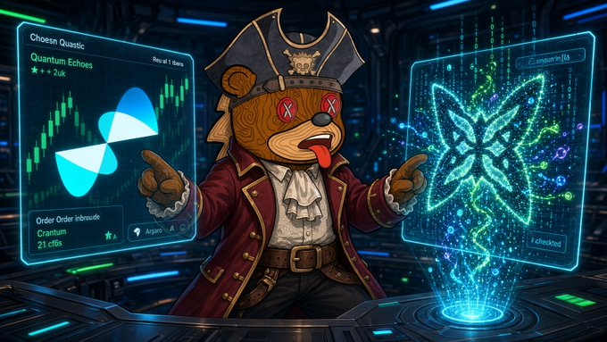 A digital illustration of a pirate-themed teddy bear character with X's for eyes and its tongue out, wearing a tricorn hat and coat, pointing at holographic financial charts showing 'Quantum Echoes' and 'Crantum' data.