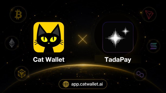 A promotional graphic for 'Cat Wallet' partnering with 'TadaPay', showing their logos with a 'X' between them against a starry background with the URL app.catwallet.ai.