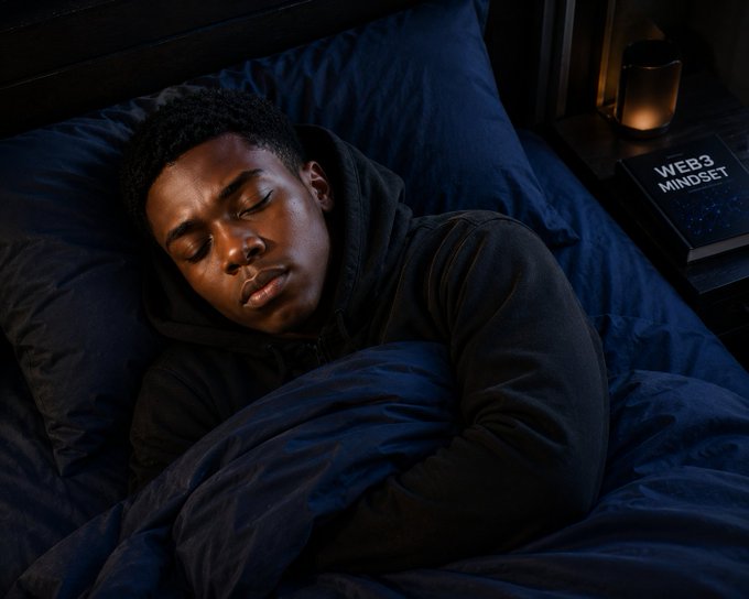 A young man sleeping peacefully in a dark bedroom wearing a black hoodie, with a bedside table showing a lit candle and a book titled 'WEB3 MINDSET'.