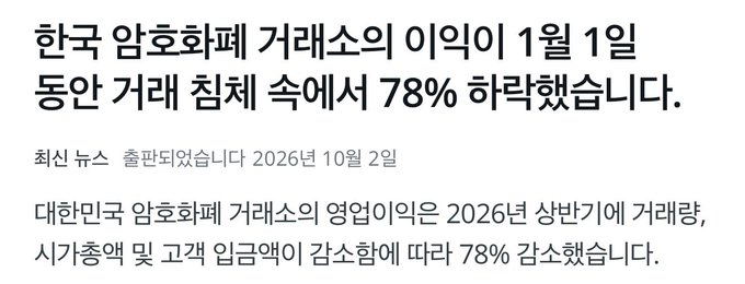 A Korean news article headline in Korean announcing a 78% drop in Korean crypto exchange trading fees, published on October 2, 2026.