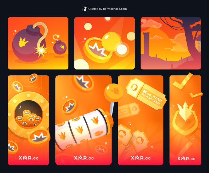 A bright orange-red XMR card-game illustration set shows bombs, a monster-mouth coin, a sunset landscape, slot-machine tokens, flying notes, and a crowned flame; “Crafted by borntochase.com” and “XMR.GG” are visible.