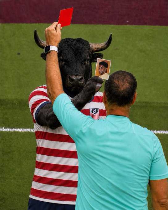 A referee holds up a red card and a photo of a smiling man wearing a US soccer jersey, seemingly ejecting him from a game. This image relates to the post by depicting a soccer match scenario, where the ejected player could represent memecoins being brought back.