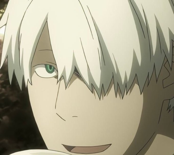 An anime character with shaggy white hair and a single visible green eye smiles with a slightly sinister expression.