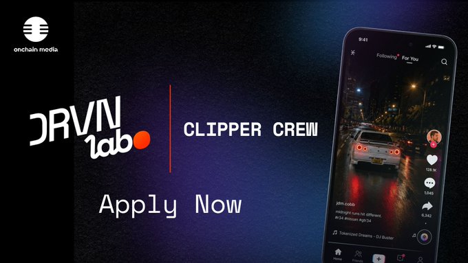 Advertisement for 'DRVN lab' and 'onchain media' recruiting a Clipper Crew, featuring a TikTok video of a Nissan Skyline GT-R on a wet city street.