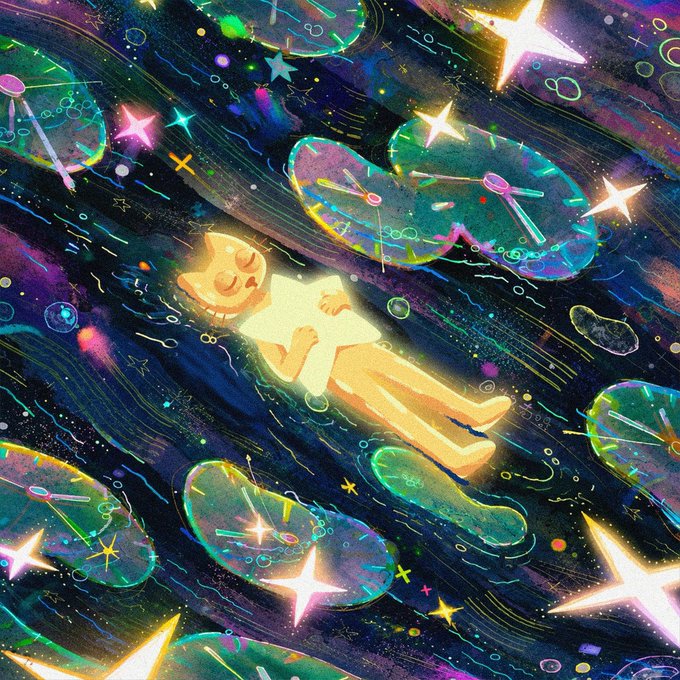 A digital illustration depicts a figure with an orange helmet floating among glowing lily pads and stars in a dark, cosmic setting.