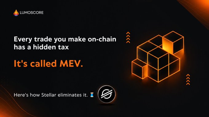 A dark promotional graphic from Lumoscore with the text 'Every trade you make on-chain has a hidden tax. It's called MEV. Here's how Stellar eliminates it.' alongside an orange geometric cube design.