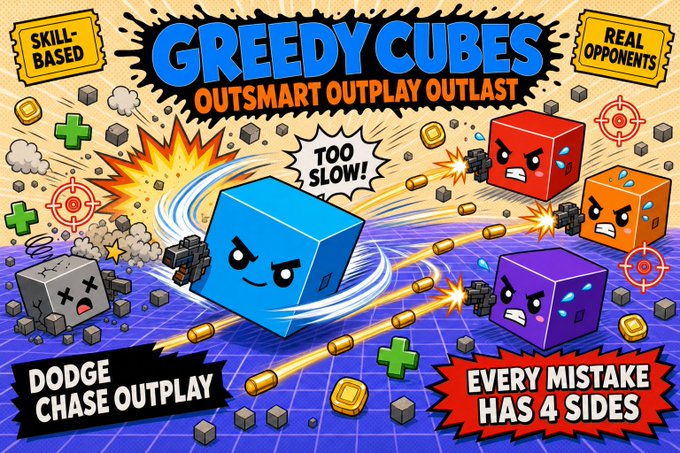 Vibrant promo art for "Greedy Cubes" features a determined blue cube dodging gunfire from angry red, orange, and purple cube opponents amid explosions and crosshair targets, with bold text reading "Outsmart Outplay Outlast," "Skill-Based," "Real Opponents," "Too Slow!," "Dodge Chase Outplay," and "Every Mistake Has 4 Sides" — visually reinforcing the post's call to engage in skill-based multiplayer cube combat.