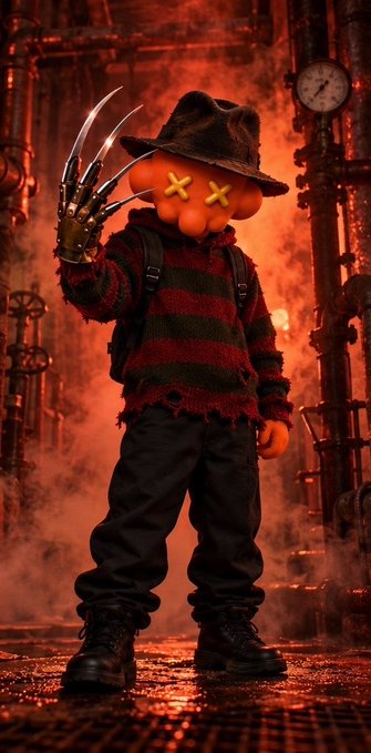 A stylized, slightly unsettling image of a character resembling Freddy Krueger but with a pumpkin head featuring X eyes, a fedora, and a bladed glove, standing in a fiery, industrial setting.