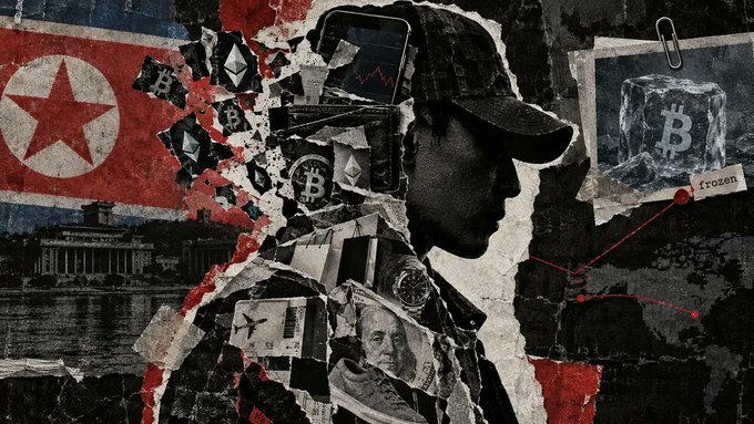 A stylized collage graphic featuring the North Korean flag, Bitcoin and Ethereum logos, a hooded figure with cryptocurrency symbols, a frozen Bitcoin ice block labeled 'frozen,' and a torn paper effect.