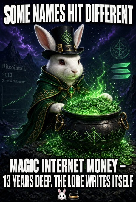 A meme-style image featuring a white rabbit in wizard attire with a green cloak and top hat, standing over a cauldron of glowing green SHIB coins, with text reading 'SOME NAMES HIT DIFFERENT' and 'MAGIC INTERNET MONEY - 13 YEARS DEEP. THE LORE WRITES ITSELF'.