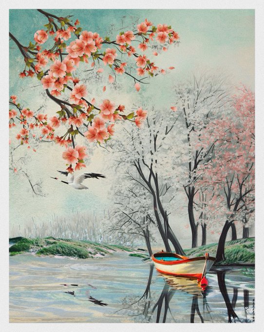 A traditional Asian-style watercolor painting depicting pink cherry blossoms, a flying crane, and a small boat moored along a serene riverbank.