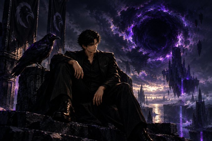 An anime-style image of a man in black sitting with a raven on a castle, with a swirling purple portal in the dark sky above floating spires.