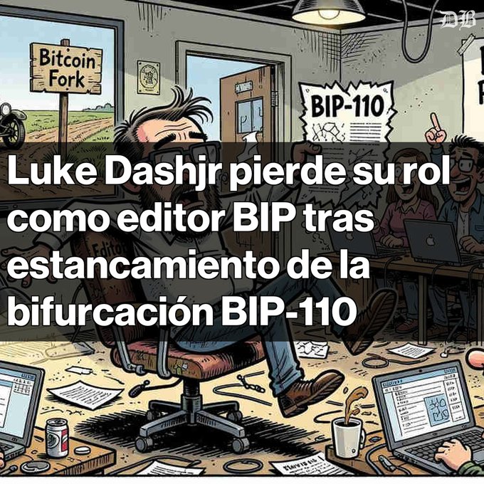 A cartoon illustration depicts a stressed man in a chair at a cluttered desk, with Spanish text overlay reading 'Luke Dashjr pierde su rol como editor BIP tras estancamiento de la bifurcación BIP-110', referencing a 'Bitcoin Fork' and 'BIP-110'.