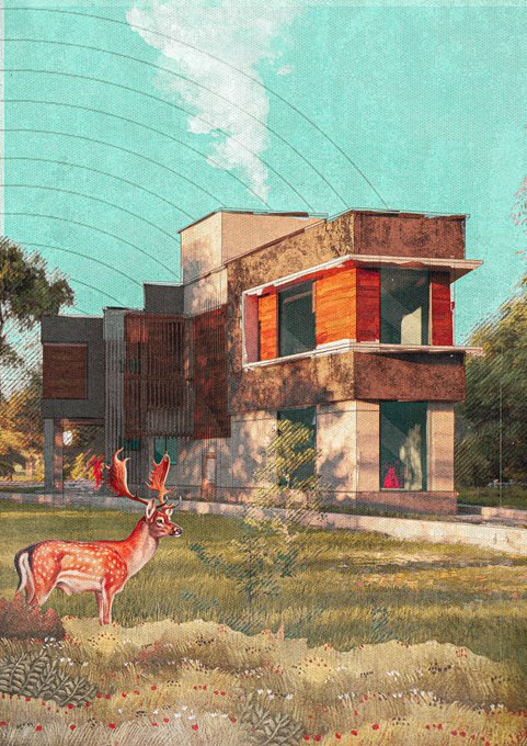 A digital artwork of a modern house with a deer in the foreground, rendered in a vintage collage style with a teal sky.