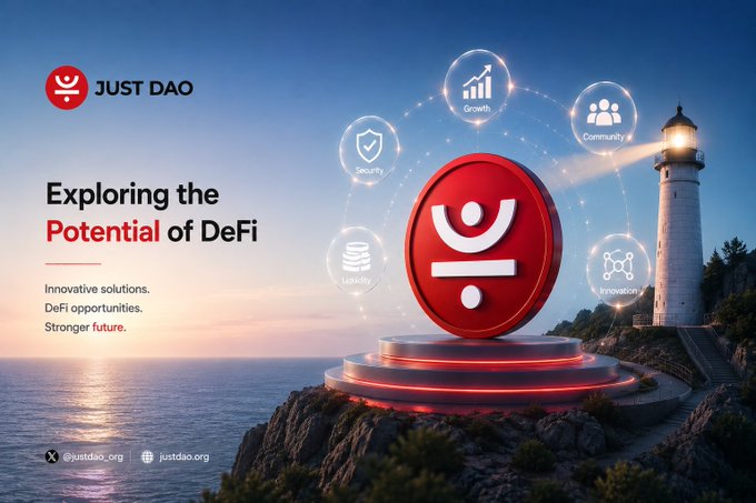 A promotional graphic for 'JUST DAO' titled 'Exploring the Potential of DeFi' showing a red logo on a pedestal with a lighthouse in the background, connected to icons labeled Growth, Community, Security, Liquidity, and Innovation, with tagline 'Innovative solutions. DeFi opportunities. Stronger future.' and handle @justdao_org.