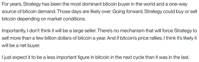 A screenshot of a text excerpt stating that Strategy will no longer be a one-way bitcoin buyer and may buy or sell depending on market conditions, with Bitwise CIO Matt Hougan expecting it to remain a net buyer during rallies and dismissing liquidation fears.