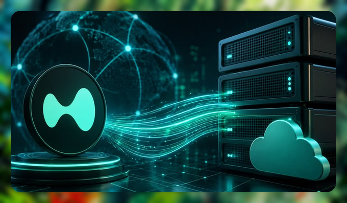 A digital illustration depicting a HYPE token logo on a pedestal connected by glowing data streams to server racks and a cloud icon, symbolizing cloud infrastructure.