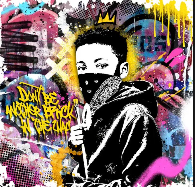 A vibrant graffiti-style street art piece featuring a figure wearing a bandana over their face, a crown above their head, and yellow text reading "Don't be another brick in the wall."