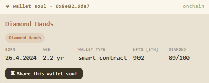Wallet soul profile for 'Diamond Hands' showing 902 NFTs, age 2.2 yr, and a 89/100 diamond score on wallet 0x8e8e2...9de7.