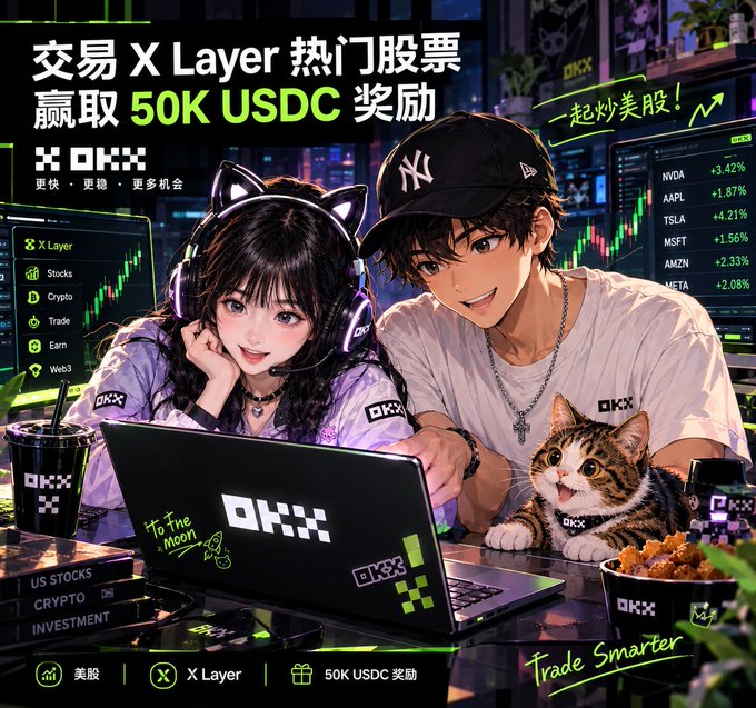 A vibrant anime-style promotional graphic for OKX's "交易 X Layer 热门股票 赢取 50K USDC 奖励" (Trade X Layer Hot Stocks, Win 50K USDC Rewards) campaign, featuring a girl with cat-ear headphones and a NY Yankees cap-wearing boy alongside a tabby kitten, with a stock ticker displaying NVDA (+3.42%), AAPL (+1.87%), TSLA (+4.21%), MSFT (+1.56%), AMZN (+2.33%), and META (+2.08%) and a laptop reading "To The Moon," directly illustrating the post's announcement of the 50K USDC RWA trading competition on OKX's X Layer.
