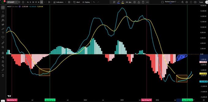 A TradingView financial chart displays MACD indicators with cyan and yellow moving average lines over a histogram of red and teal bars on a dark background.