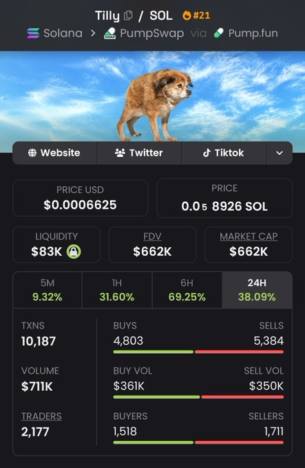 A screenshot of a cryptocurrency token called 'Tilly' (#21) showing price of $0.0006625 USD / 0.05 8926 SOL on Solana via PumpSwap/Pump.fun, with market cap of $662K, 38.09% 24H gain, and 10,187 transactions.