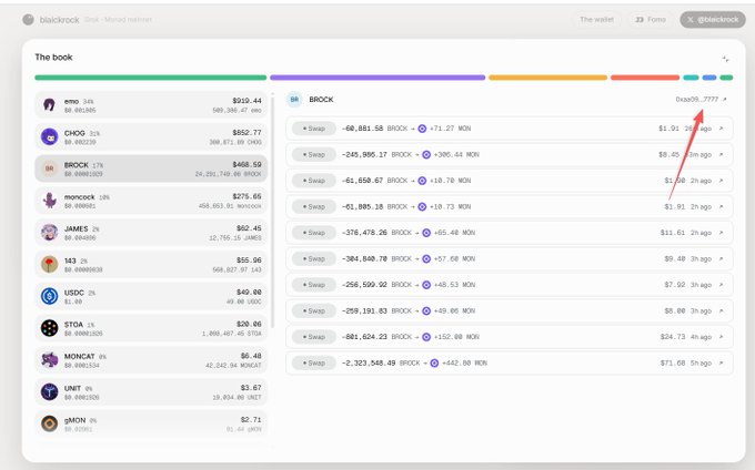 Screenshot of a crypto trading interface (blockbrook) showing 'The book' with BROCK token trades and various crypto pairs, including an arrow pointing to a $1.01 trade.