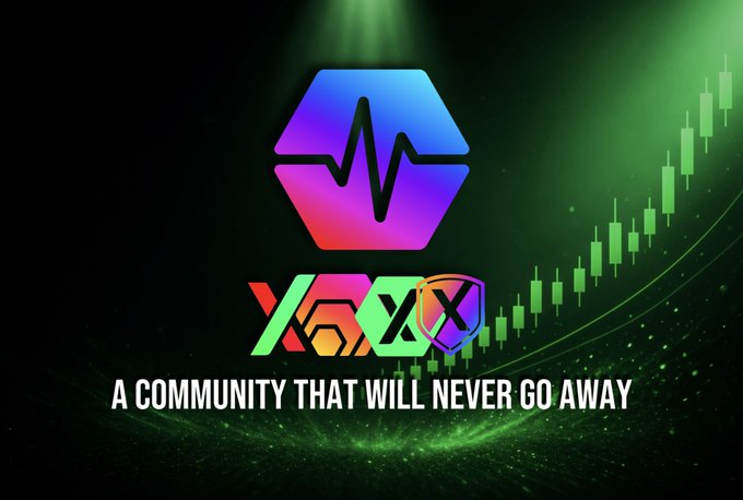 A cryptocurrency graphic featuring a hexagon logo with an ECG/pulse line, labeled 'VEX VEX' with the tagline 'A COMMUNITY THAT WILL NEVER GO AWAY' against a green candlestick chart background.