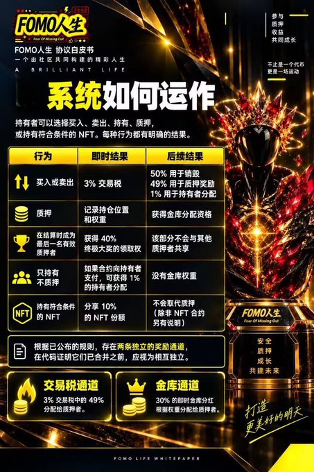 A Chinese promotional poster for 'FOMO人生' (FOMO Life) titled '系统如何运作' (How the System Works), detailing rules for buying, selling, holding, and staking NFTs with various reward percentages in a table format.