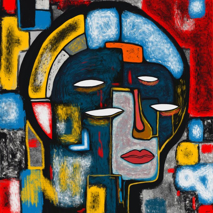 A colorful abstract cubist painting of a face with bold black outlines, featuring blue, yellow, red, and gray tones.