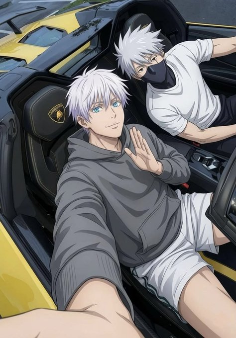 An anime-style illustration of two silver-haired characters sitting in a yellow sports car, one wearing a face mask.